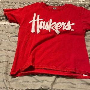 Gildan Red Kids Huskers T-Shirt with White Script - University of NE Tee
